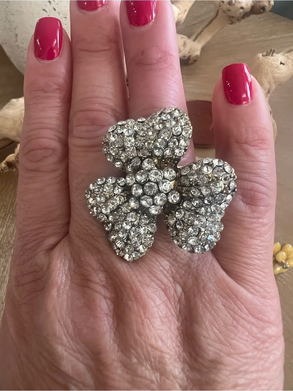 Crystal Floral Statement Ring - Silver Tone